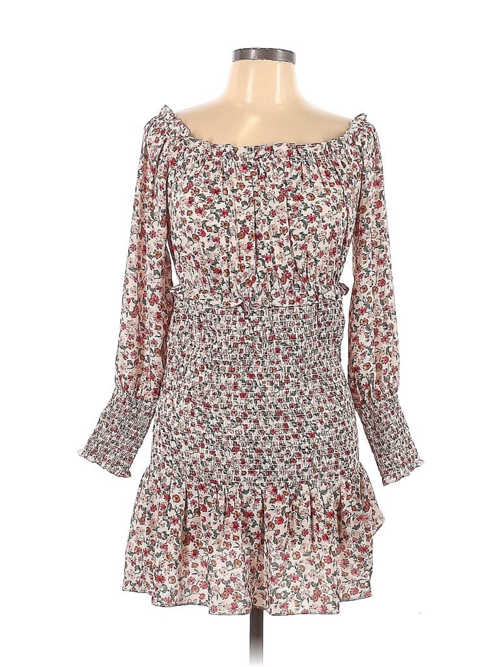 Active USA Cream Floral Smocked Off-Shoulder Mini Dress with Red Accents